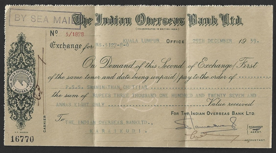 Malaya Indian Overseas Bank, Kuala Lumpur 1939 check cheque