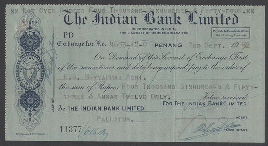 Malaya The Indian Bank Ltd. Penang 1952 cheque check