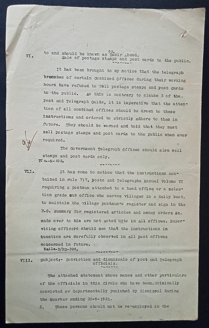 India 1931 PG'S POSTAL CIRCULAR List of convicted Postal Official & their crimes