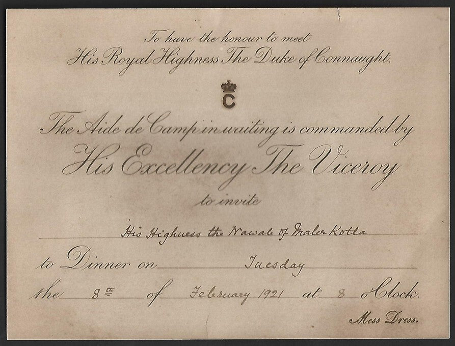 1921 Duke of Connaught INDIA VISIT Dinner invitation for Nawab
