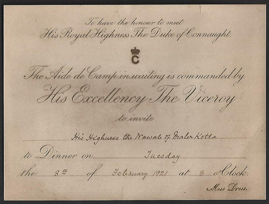 1921 Duke of Connaught INDIA VISIT Dinner invitation for Nawab