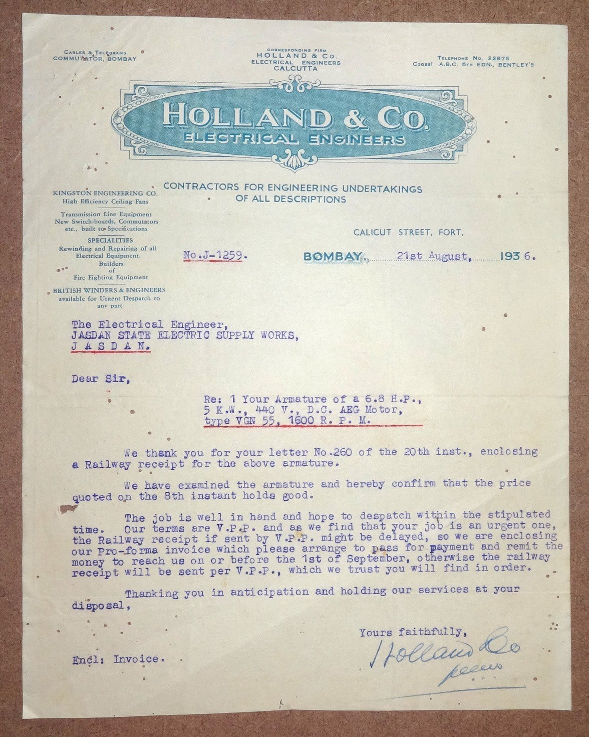 India 1936 Holland & Co. Electrical Engineers Illustrated Letterhead