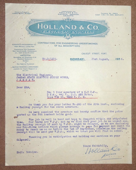 India 1936 Holland & Co. Electrical Engineers Illustrated Letterhead