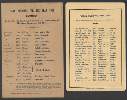 Central Bank of India 1943 & 1955 advertisement calendars (2)