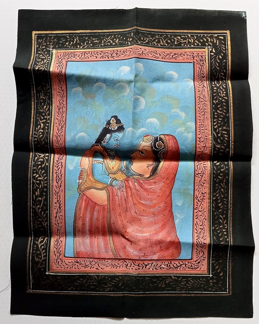 India vintage hand painting on cloth YASHODHA & KRISHNA 10 x 14 inches