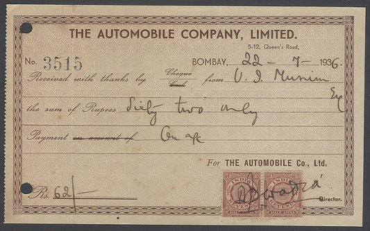 AOP India 1936 THE AUTOMOBILE COMPANY LTD., Bombay receipt