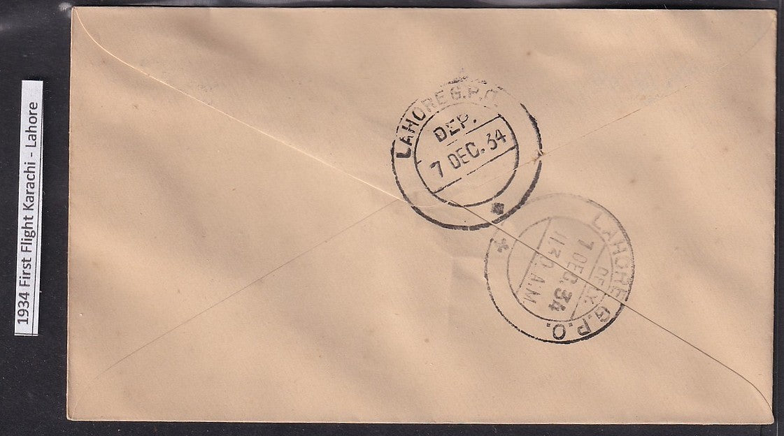 India 1934 First Flight cover Karachi - Lahore flight