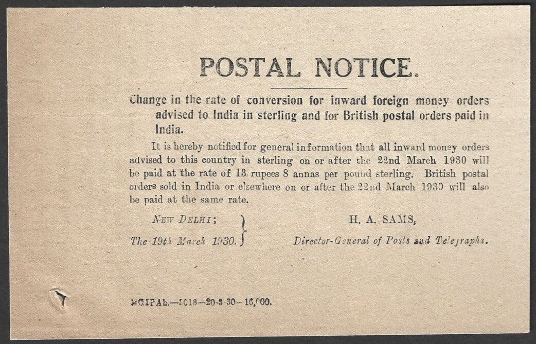 India 1930 POSTAL NOTICE Inward Money Orders & Postal Orders paid in India