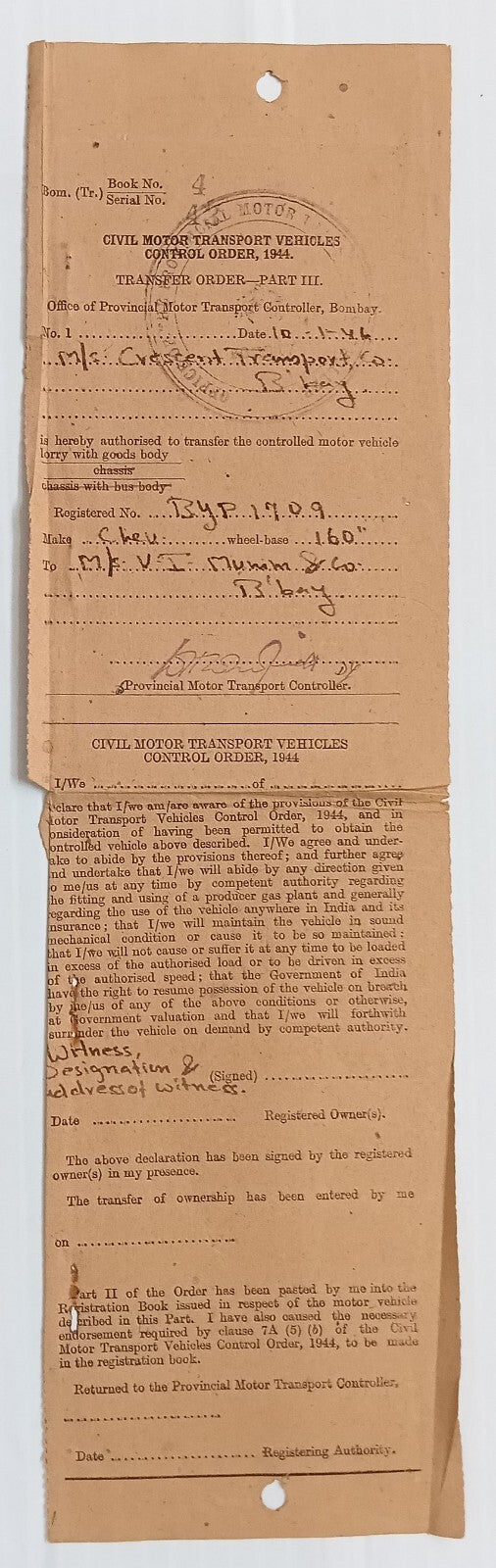 AOP India WW2 CIVIL MOTOR TRANSPORT VEHICLES CONTROL ORDER 1946 permit 