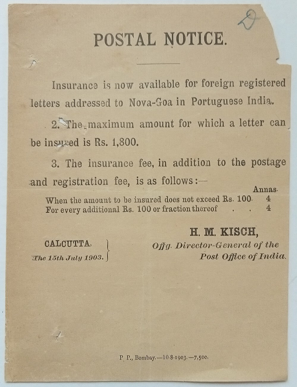 (AOP) India POSTAL NOTICE 1903 Registered Service to Portuguese India