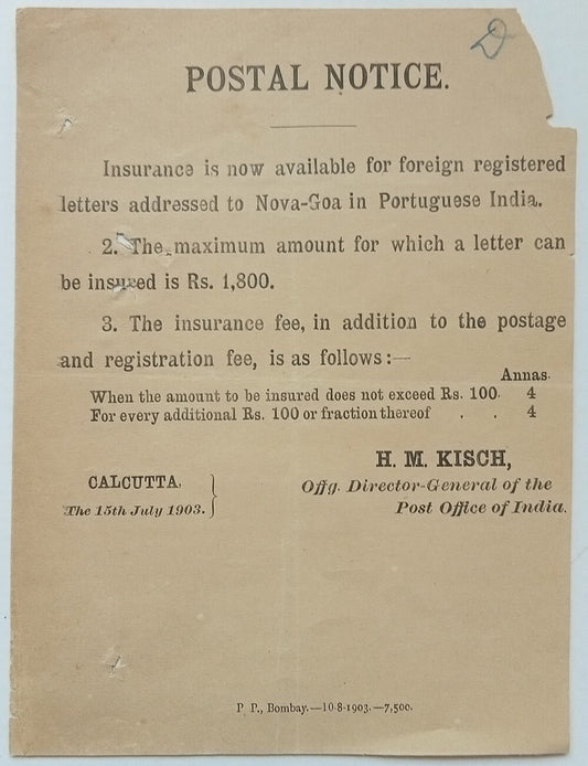 (AOP) India POSTAL NOTICE 1903 Registered Service to Portuguese India