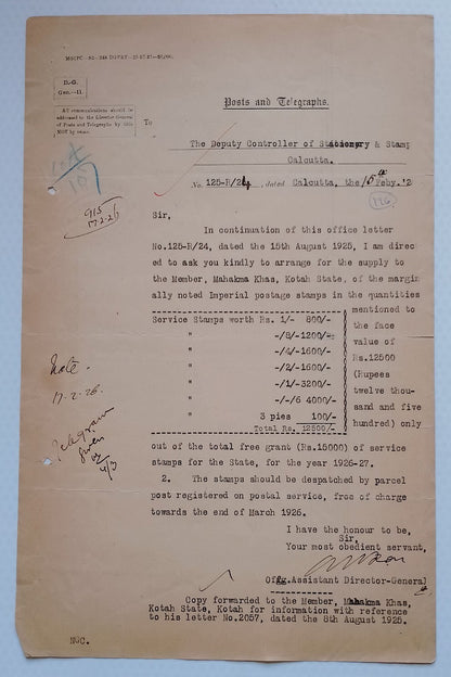 AOP India Official correspondence :Supply of Service stamps to KOTAH STATE 1925