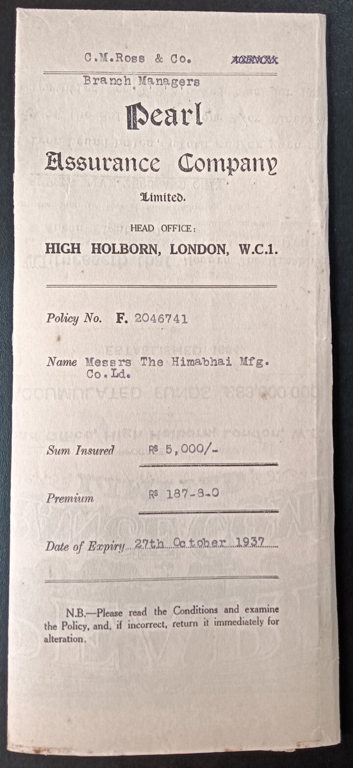 India PEARL ASSURANCE COMPANY 1937 Insurance Policy