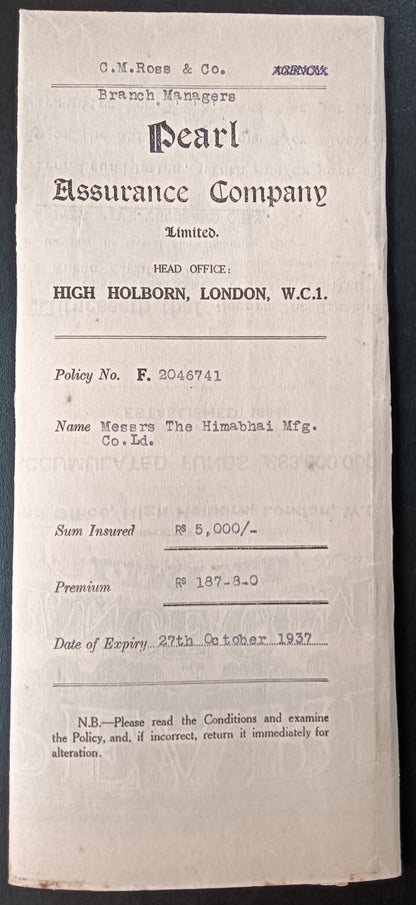 India PEARL ASSURANCE COMPANY 1937 Insurance Policy
