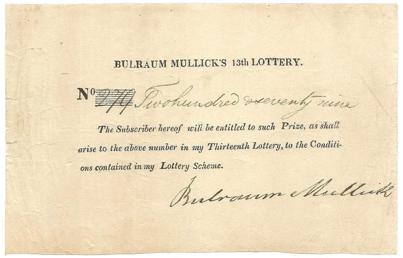 India Bulraum Mullick's Lottery Note 1820s-40s
