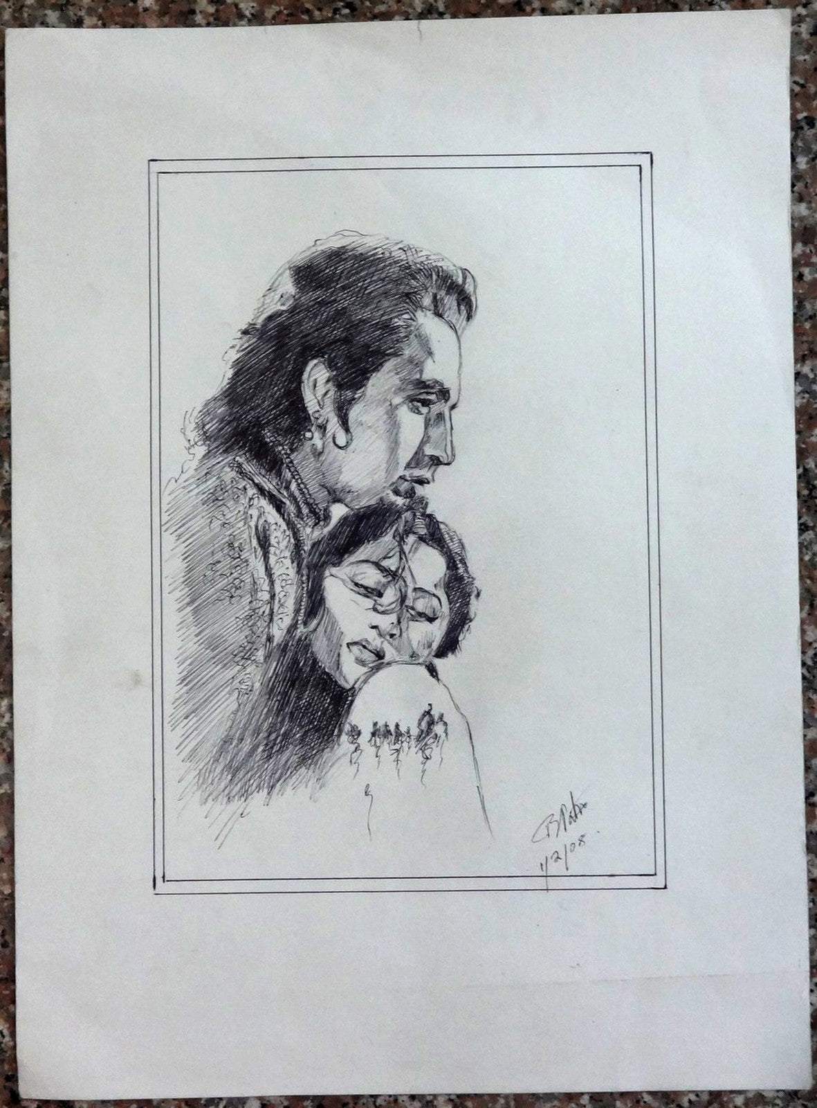 India pen drawing Dilip Kumar & Madhubala 11" x 15"