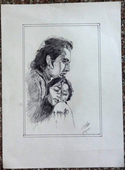 India pen drawing Dilip Kumar & Madhubala 11" x 15"
