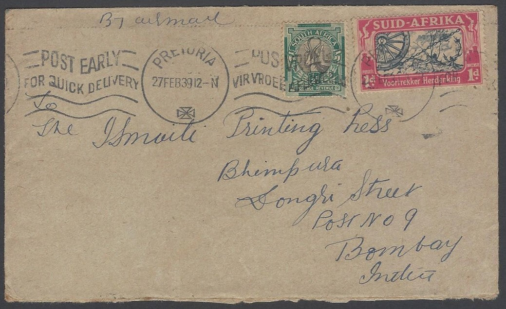 AOP South Africa 1939 cover Pretoria to India