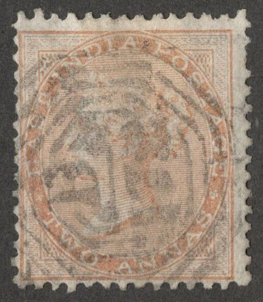 AOP Singapore B-172 numerals on India QV 1856 2a orange. SG Z5 £80