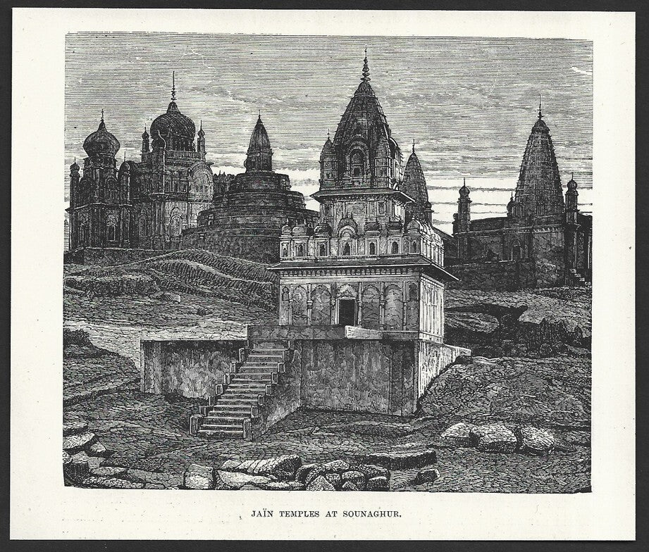 India JAIN TEMPLES AT SOUNAGHUR engraved print ex libris Rousslet 1876 6"x5"