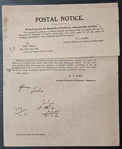 India POSTAL NOTICE 1930 Value-Payable Articles to Ceylon + CIRCULAR NO. 18