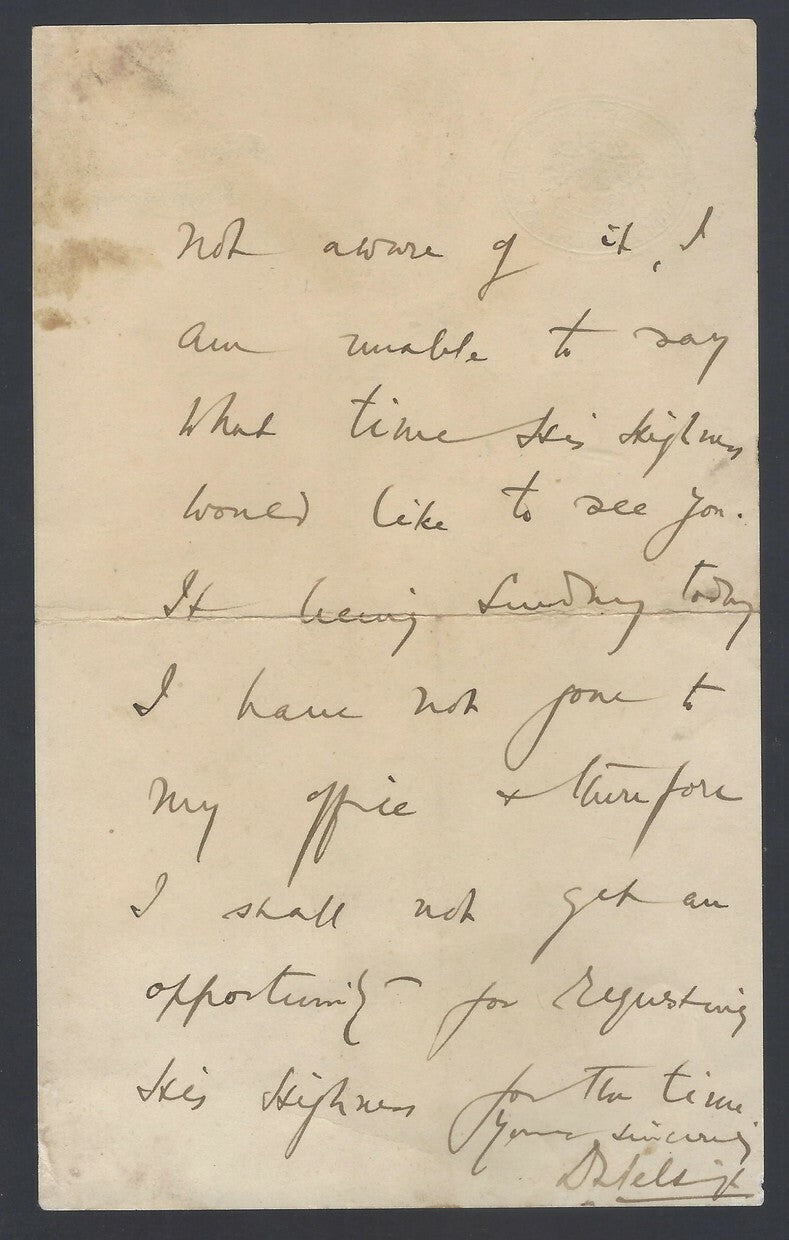 AOP India 1936 crested letter PRIVATE SECRETARY TO H.H. THE MAHARAJA * JAIPUR