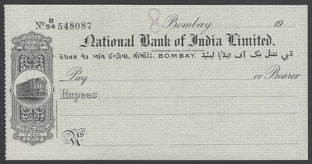 National Bank of India, Bombay 1940s cheque check