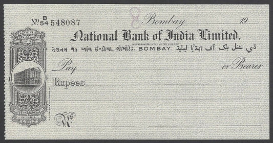 National Bank of India, Bombay 1940s cheque check