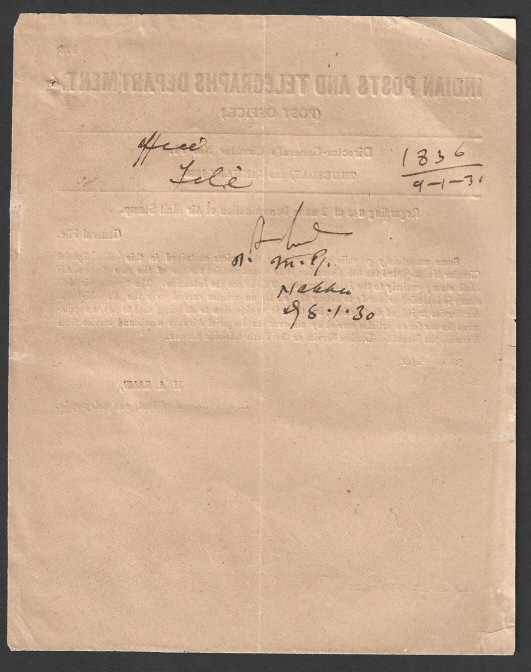 India 1929 DG'S POSTAL CIRCULAR Use of 2a denomination of Air Mail stamp