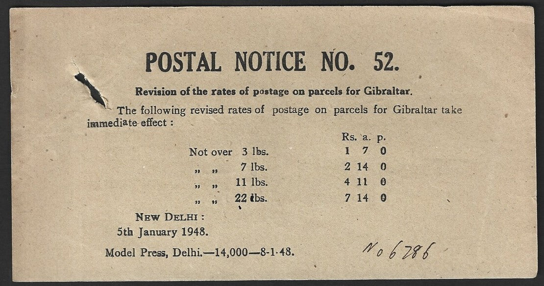 India POSTAL NOTICE #52 5th Jan 1948 Postage rates for Gilbraltar + CIRCULAR #54