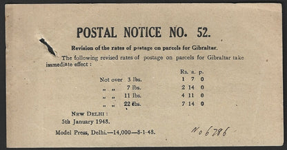 India POSTAL NOTICE #52 5th Jan 1948 Postage rates for Gilbraltar + CIRCULAR #54