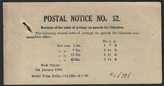 India POSTAL NOTICE #52 5th Jan 1948 Postage rates for Gilbraltar + CIRCULAR #54