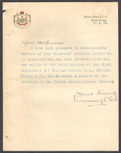 India 1935 crested letter signed RAJA of KOREA Ramanuj Pratap Singh Deo
