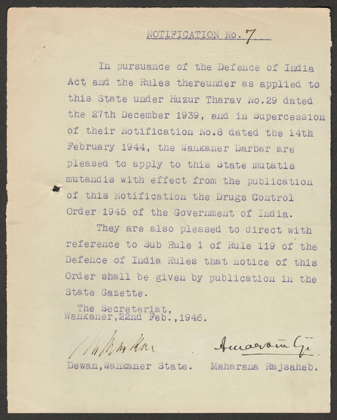 (AOP) India 1946 DRUGS CONTROL ORDER signed by Amar Singh MAHARAJA of WANKANER