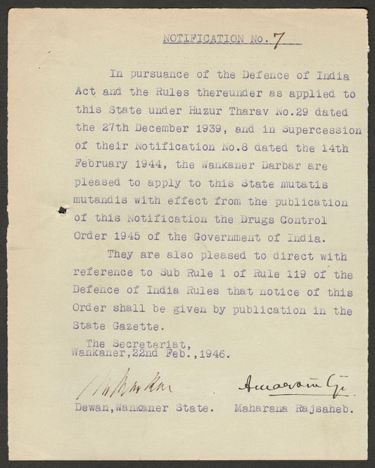 (AOP) India 1946 DRUGS CONTROL ORDER signed by Amar Singh MAHARAJA of WANKANER