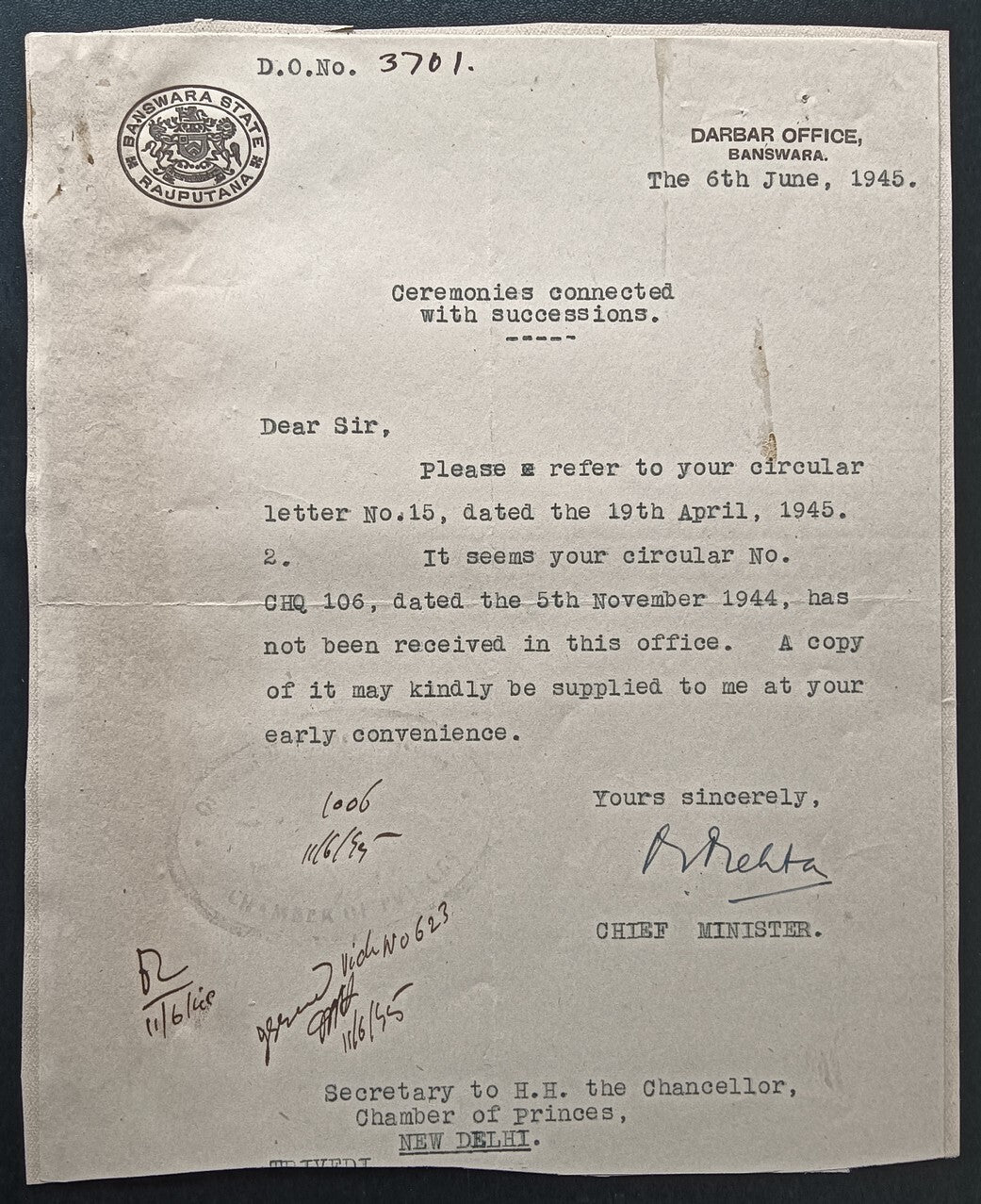 India 1945 crested letter BANSWARA STATE / RAJPUANA signed Chief Minister