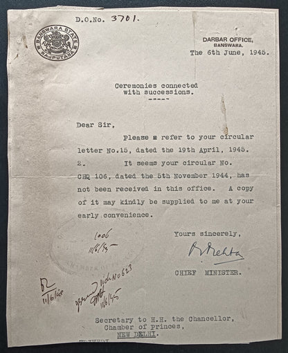 India 1945 crested letter BANSWARA STATE / RAJPUANA signed Chief Minister