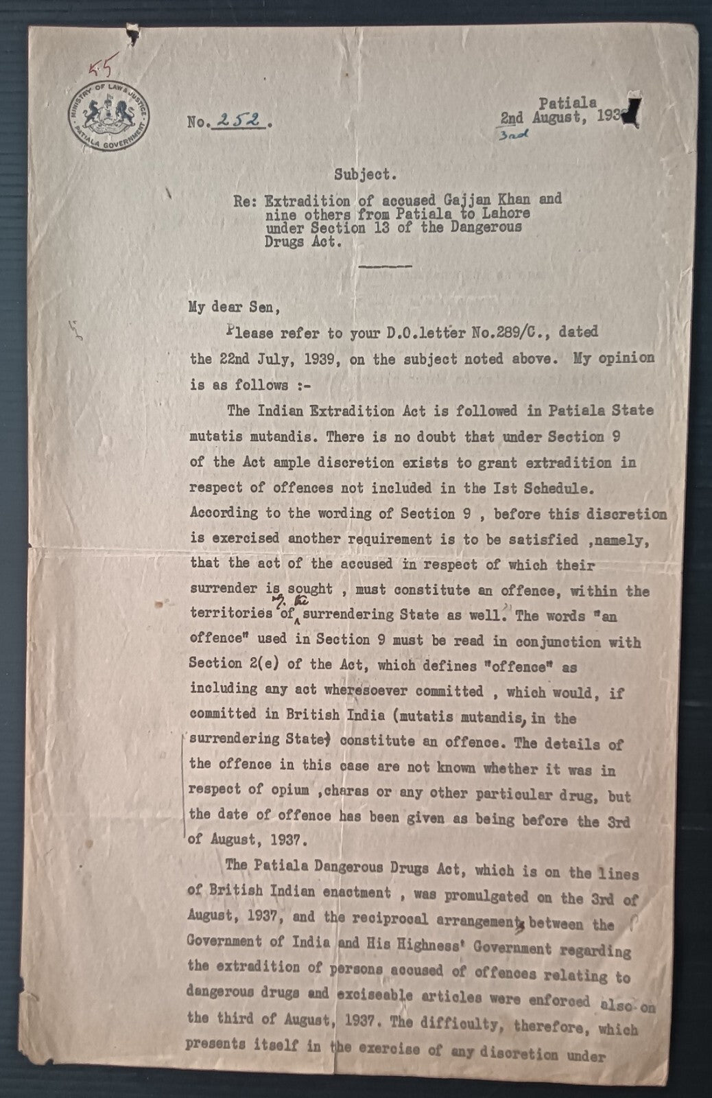 India PATIALA STATE MINISTRY OF LAW 1938 crested letter re: Smuggling Opium