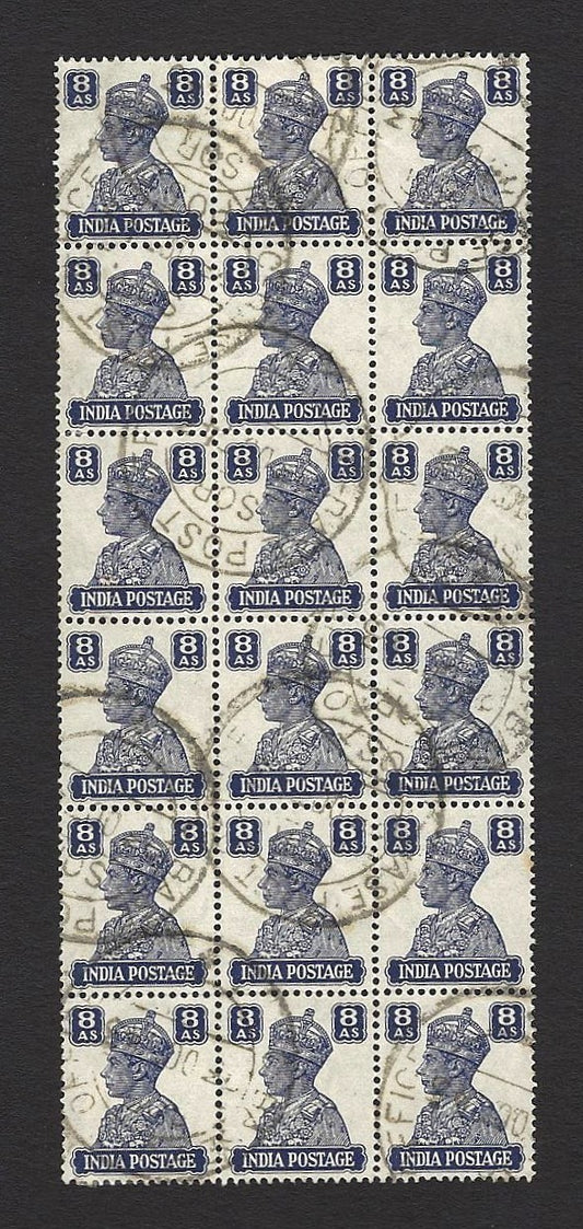 India 1940 8as used block of 18 canc. C-BASE POST OFFICE
