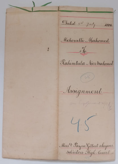 AOP India QV Queen Victoria 1868 Special Adhesive 5R on 1884 indenture 3 pgs