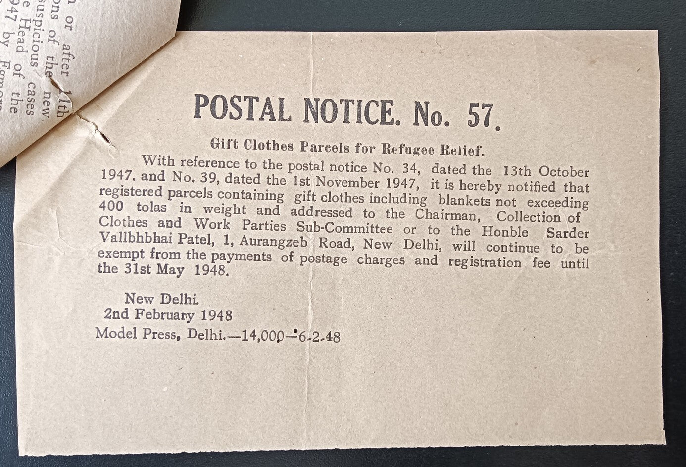 India POSTAL NOTICE No. 57 2nd February 1948 Multiple Topics + CIRCULAR No. 59