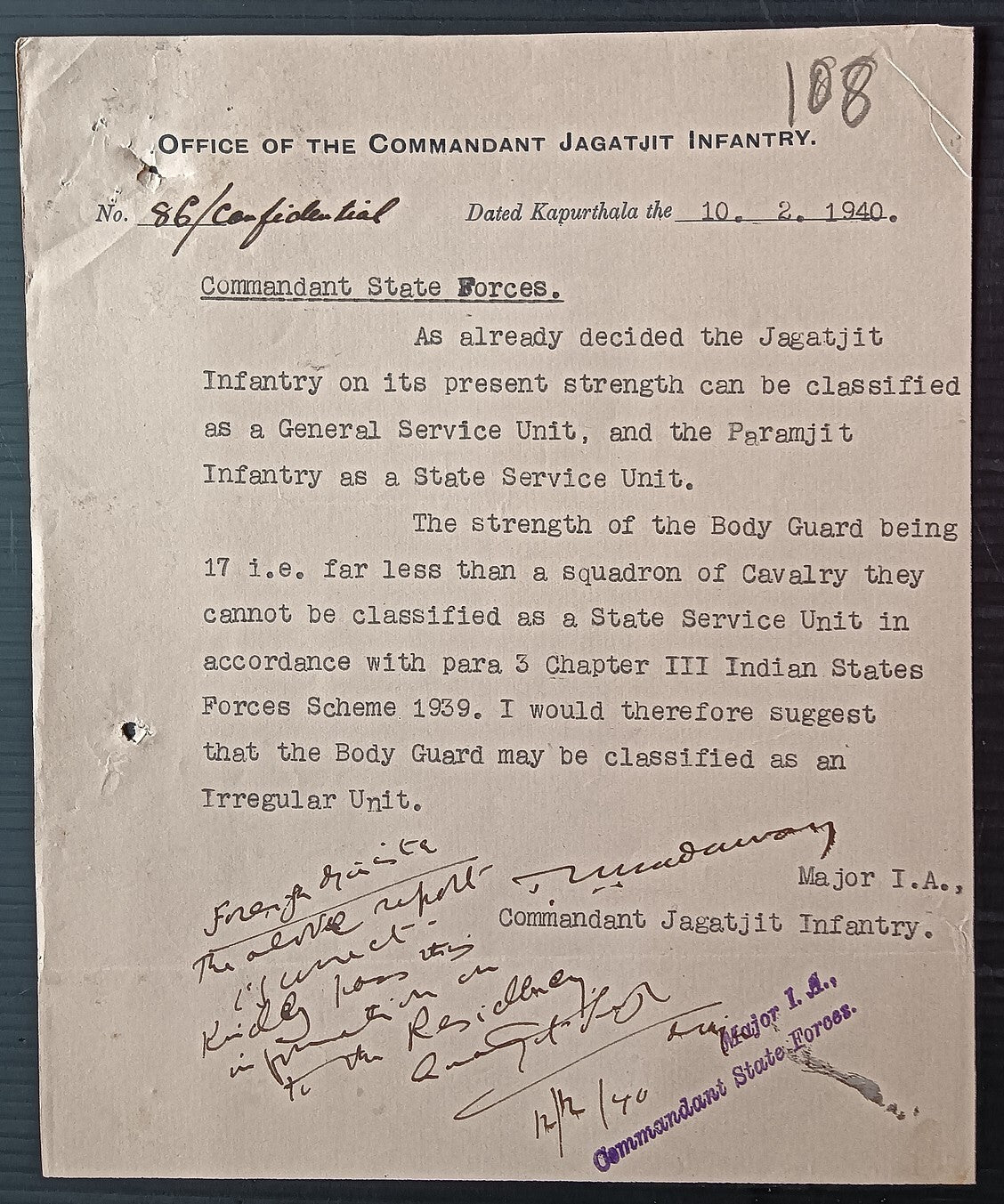 India Kapurthala 1940 letter headed OFFICE OF THE COMMANDANT JAGATJIT INFANTRY