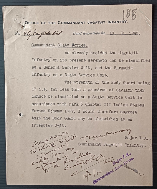 India Kapurthala 1940 letter headed OFFICE OF THE COMMANDANT JAGATJIT INFANTRY
