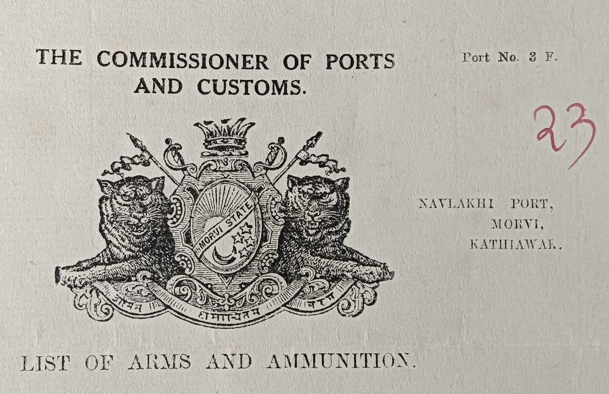 India 1936 Navlakhi Port Morvi SS WARFIELD Captan signed Arms List Humane Killer