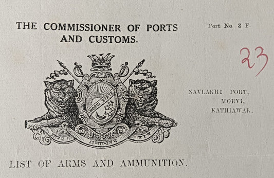 India 1936 Navlakhi Port Morvi SS WARFIELD Captan signed Arms List Humane Killer