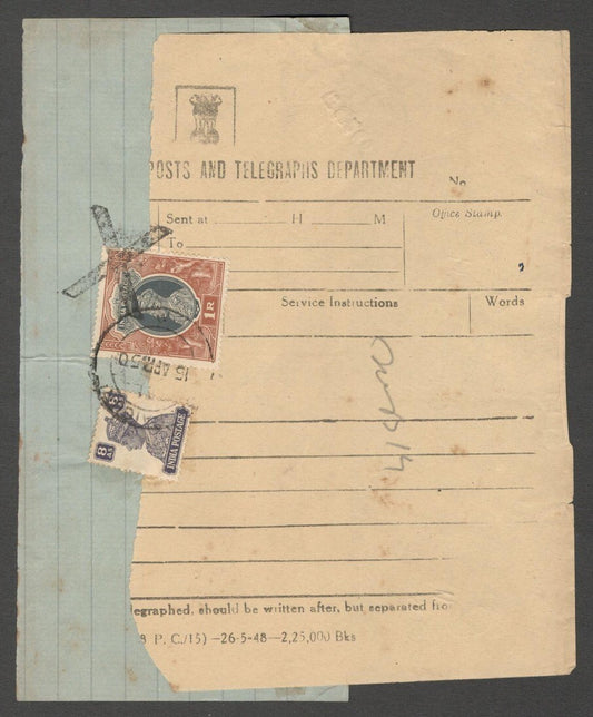 AOP India improvised telegram with KGVI postage stamps 8a & 1R