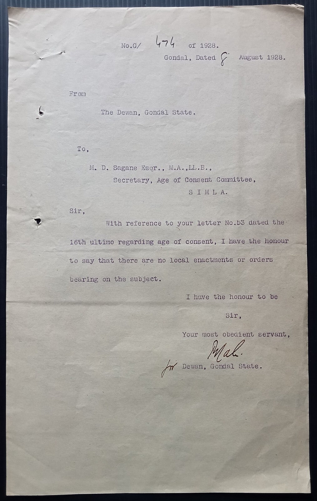 India 1928 official Correspondence re: raising the age of sexual consent to 14