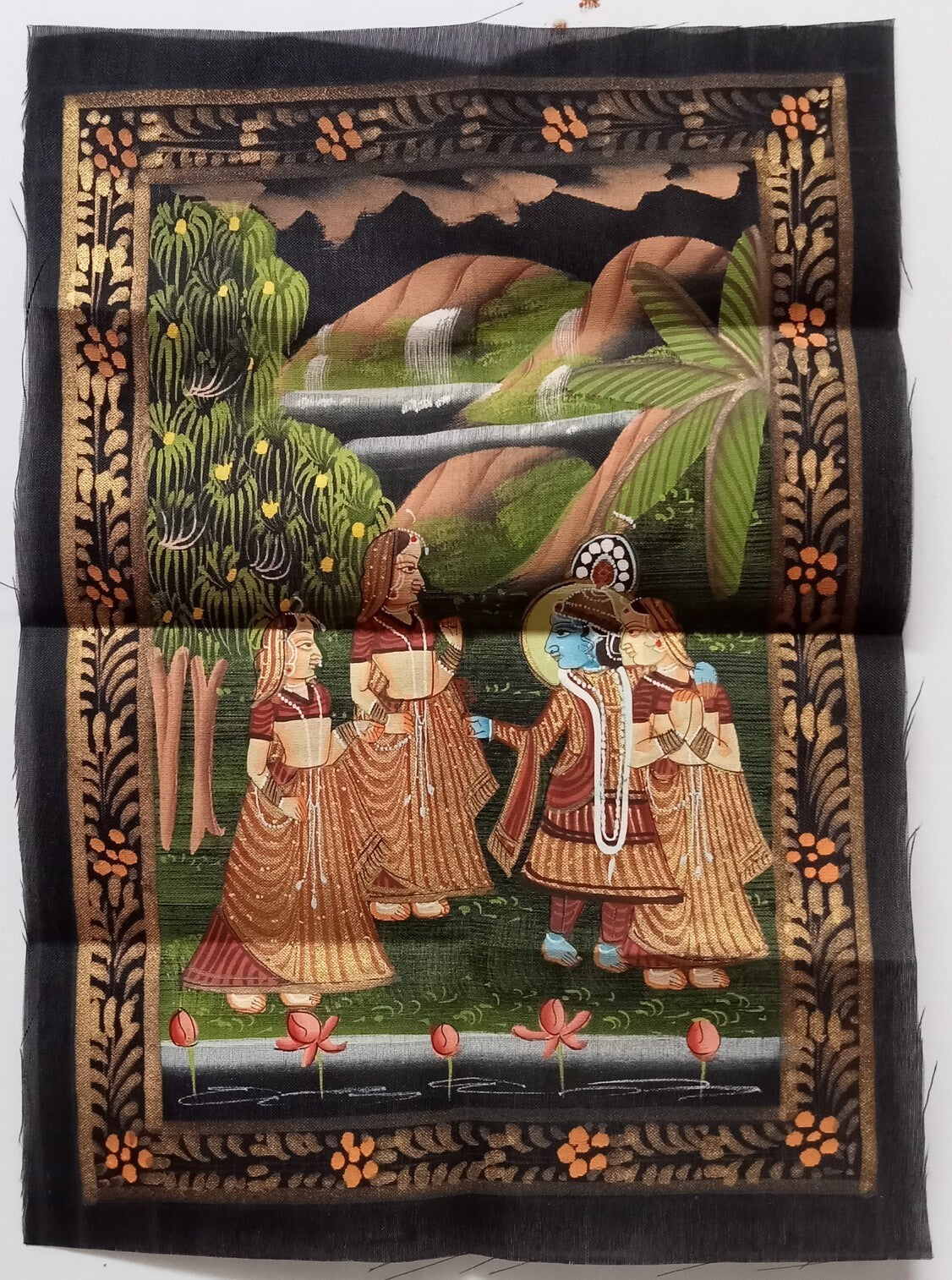 India vintage hand painting on cloth RADHA, KRISHNA & 2 GOPIS 8 x 12 inches