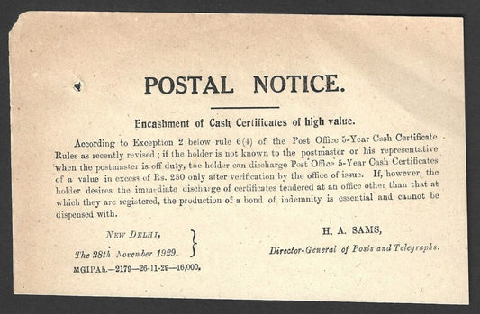 India 1929 POSTAL NOTICE Encashment of Cash Certificates of high value