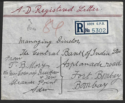 Aden KGVI King George VI 1946 registered AD cover to India